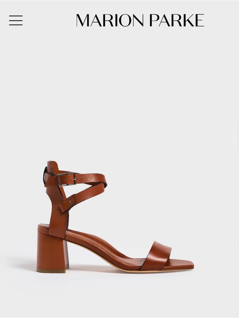 Marion Parke Cognac Leather Ankle-Strap Block Heel Sandal